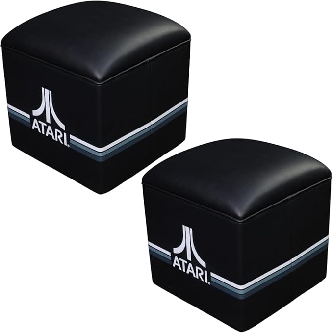 Alan-1 Atari Pong Stool Two Pack– Retro Gaming Cube Seat with Iconic Atari Logo Padded Top &amp Black Upholstery | Perfect for Game Rooms Arcades Coffee Tables &amp Collectors