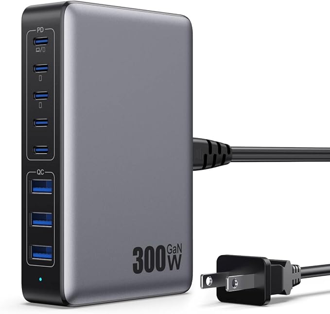 USB C Charger 300W USB C Charger BlockUpgraded GaN IV 8-Port Fast Charging Station HubPD 100W Laptop Charging Adapter Compatible with MacBook Pro/AirDELLSteam DeckiPhone 16/15/14Galaxy S23/22