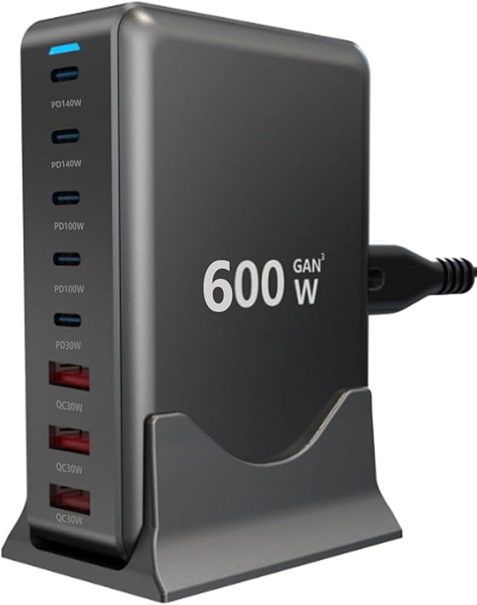USB-C GaN Charger 8 in 1 Charging Station Dual 140W PD PPS Port+Dual 100W PD Port for Multiple Electronics DevicesLaptop Wall Charger Compatible with MacBook/iPhone 16/iPad (600W)