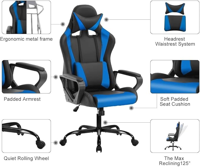 Ergonomic High Back Gaming Chair &amp Office Chair PU Leather &amp Adjustable &amp Easy Assembly &amp BIFMA Certified for Home/Office (Gray) (Blue)