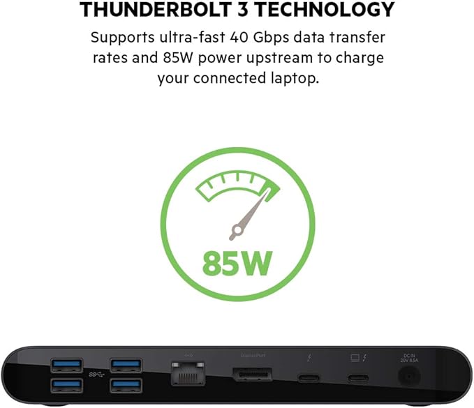 Belkin Thunderbolt 3 Dock Pro w/ Thunderbolt 3 Cable - USB-C Hub - USB-C Docking Station for MacOS &amp Windows Dual 4K @60Hz 40Gbps Transfer Speed 85W Upstream Charging w/ Ethernet SD &amp Aud