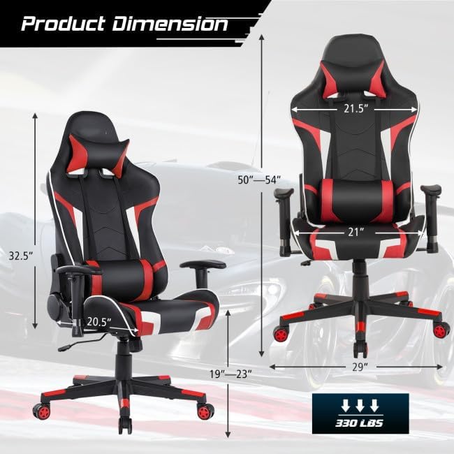 Gaming Chair with Electric Lumbar Massage 330lb Load 90°–180° Recline Range 360° Swivel Height-Adjustable Seat 5-Claw Stability Base Premium Faux Leather 5 Color Variants