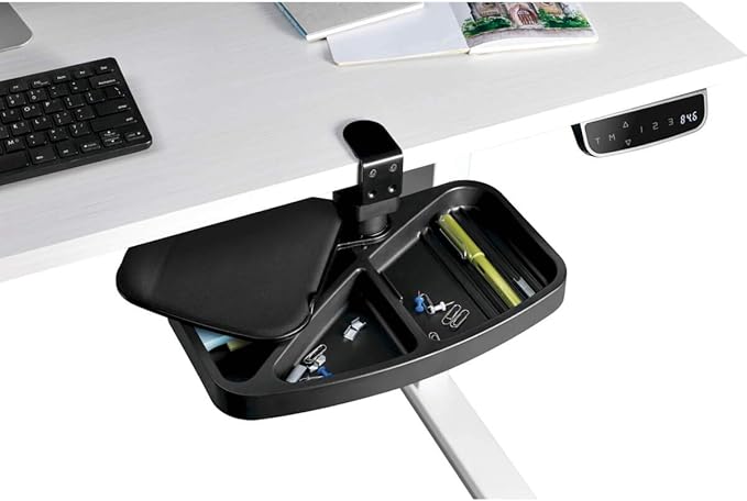 TRIPP LITE Under Desk Storage Tray Clamp-on Storage Tray w Mouse Pad Wrist Rest - Office Desk Organizer 360 Swivel 5-Year Warranty (DMUDSC)