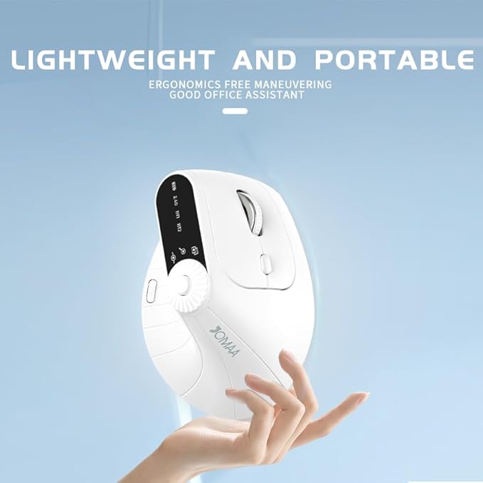 JOMAA Wireless 2.4G &amp Dual Bluetooth Three-Channel Ergonomic Vertical Mouse Adjustable DPI Multi-Function Turntable for PC Laptop MacBook Rechargeable (White)