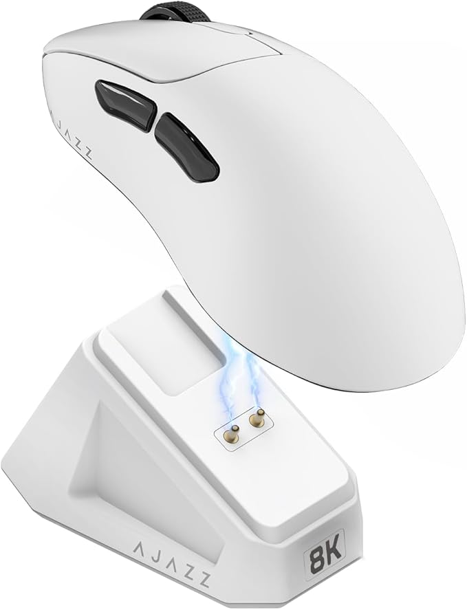 AJ179PRO PAW3395 26000 DPI Gaming Mouse 8000Hz Polling Rate 58g Ultra-Light Tri-Mode (2.4G/Wired/Bluetooth 5.2) Magnetic RGB Charging Dock Ergonomic Right-Hand Design White