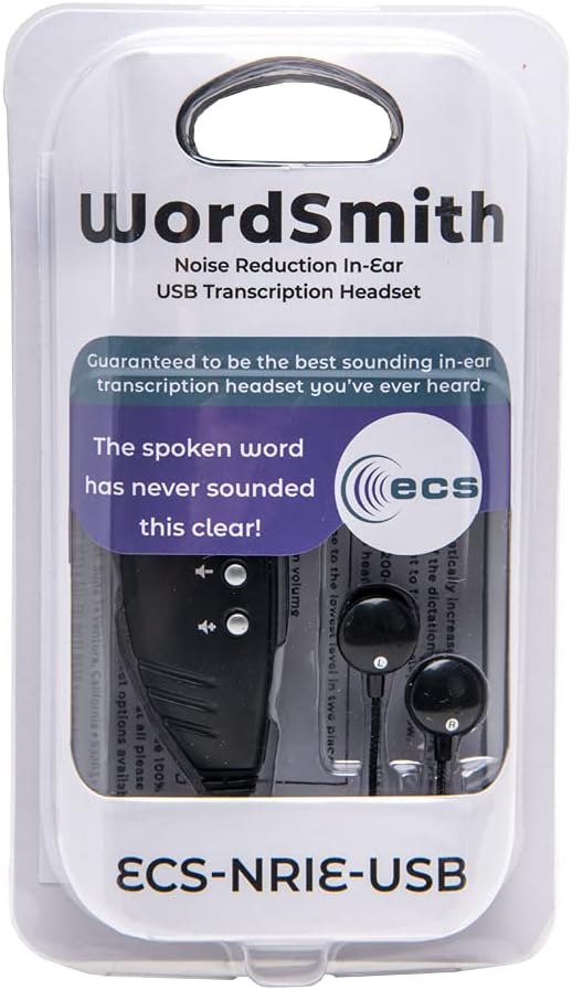 ECS WordSmith Noise Reduction in-Ear Transcription Headset with USB Connection Infinity-3 USB Foot Pedal 3-Port Hub &amp Multiple Ear Tips