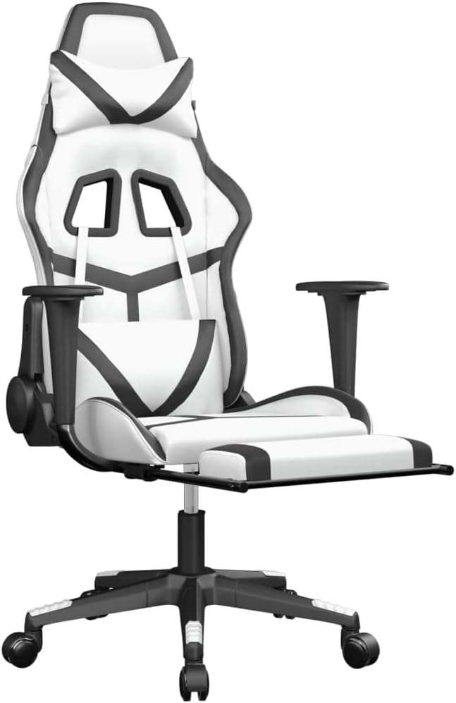 Faux Leather Massage Gaming Chair with FootrestComputer Game ChairMassage Office ChairErgonomic Desk Chair PC Gaming Chair for Adults Teens(White&ampBlack)