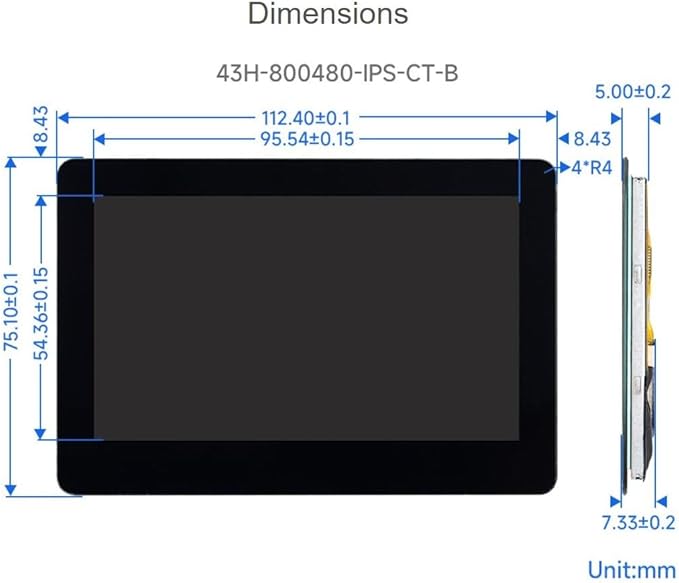4.3inch DSI Display 800 × 480 Resolution IPS Wide-beael Display Thin and Light Design with Touch Function (43H-800480-IPS-CT-B)