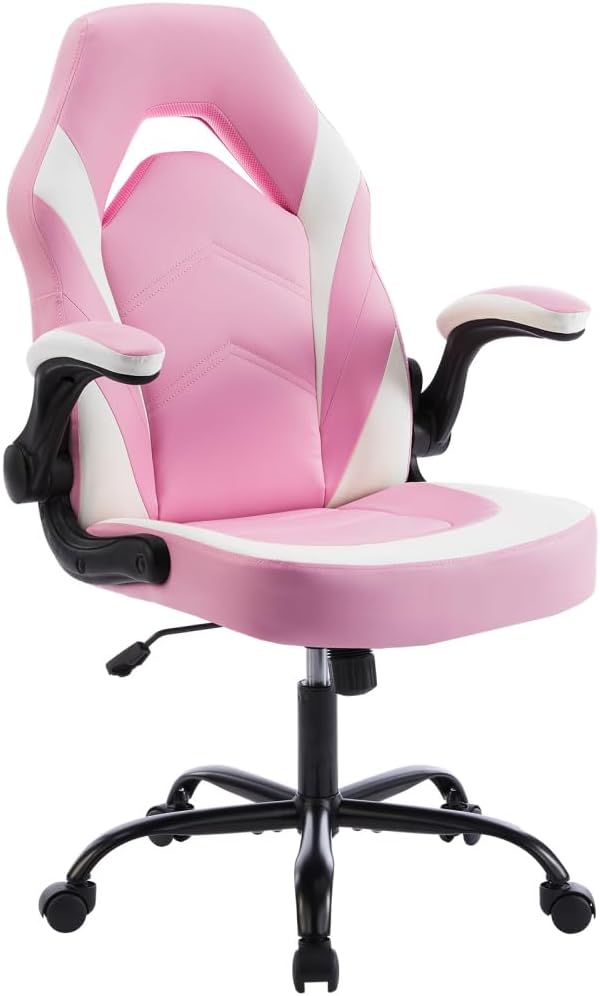 Gaming Chair PU Leather Computer Chair Ergonomic Office Chair with Lumbar Support Height Adjustable Rolling Desk Chairs with Flip-up Armrests (Pink+White)