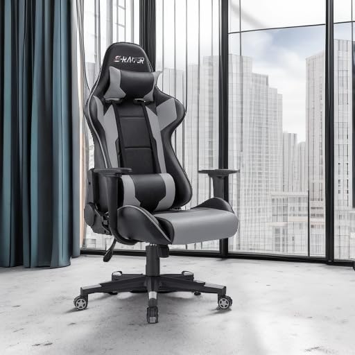 Homall Gaming Chair Office Chair High Back Computer Chair Leather Desk Chair Racing Executive Ergonomic Adjustable Swivel Task Chair with Headrest and Lumbar Support (Grey)