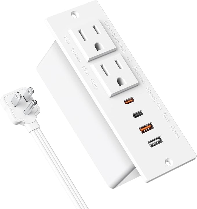 Recessed Power Strip 30W USB CFurniture Flush Mount Desk Outlet2 Outlets 4 USB PortsRecessed Outlet for Side Table/Sofa TableUltra Thin Flat Plug Power Strip3FT Cord (White)