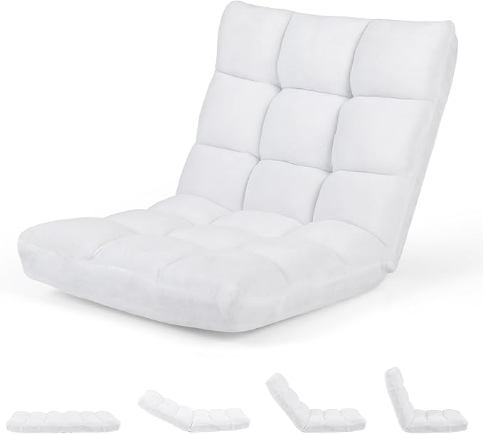 Floor Chair with Back Support 14-Position Lazy Sofa Chair with Soft Coral Fleece Folding Floor Gaming Chair Couch Recliner Floor Seat for Reading Meditating Yoga Gaming (White)