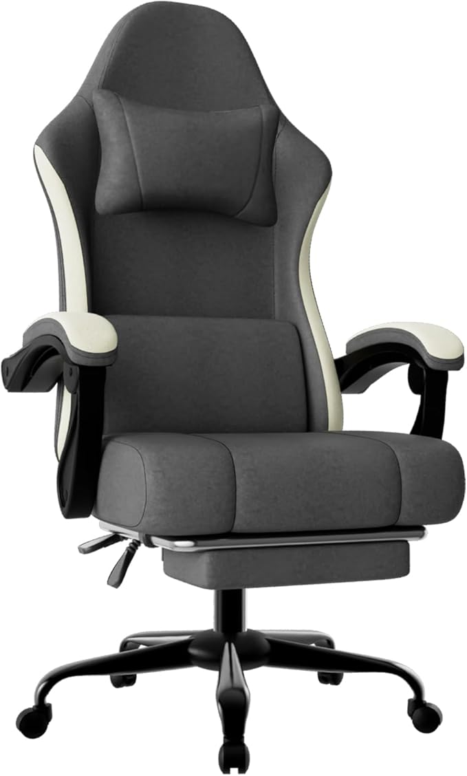 Ergonomic Gaming Chair with Pocketed Spring Cushion Breathable Fabric Computer Chair with Footrest Adjustable Lumbar Support Video Game Chair for Adults (Fabric Grey)