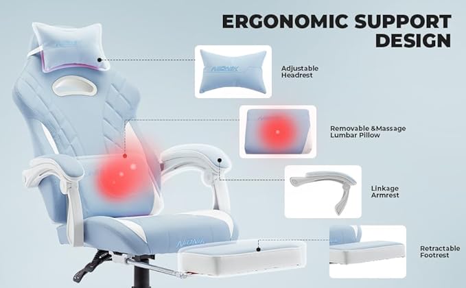 Gaming Chair with Footrest and Massage Lumbar Support Ergonomic Computer Gamer Chair Office Video Game Chairs (Cyan White)