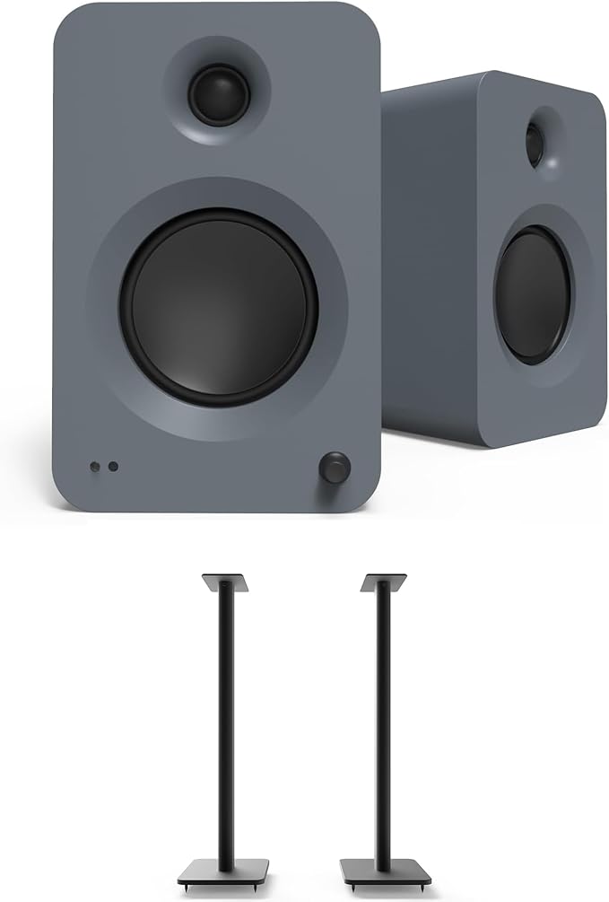 Kanto REN Grey Bluetooth Powered Bookshelf Speakers - Matte Grey Pair SP32PL 32 Fixed-Height Stands for Bookshelf Speakers - Black Pair (2024)