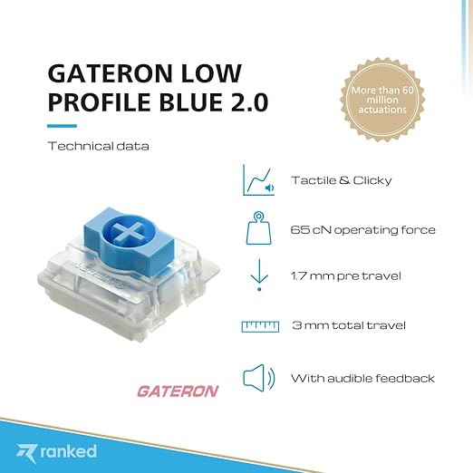 Ranked Gateron Ks-33 Low Profile v2 Key Switches for Mechanical Gaming Keyboards | Plate Mounted (Gateron Blue 65 Pcs)