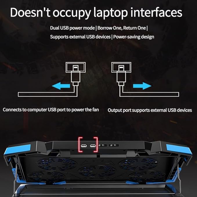 Upgrade Your Setup with This 17.3-inch Foldable Laptop Cooling Stand Featuring 5 high-Speed Fans Adjustable Ergonomic Design and Portable Cooling for Gaming or Work. Sleek Black &amp Blue Finish.