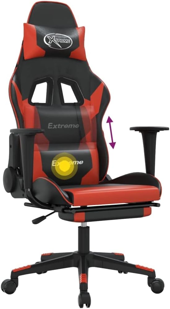Massage Gaming Chair with Footrest Black&ampRed Faux Leather Gaming Chair with Ergonomic Design Adjustable Features - for Gamers and Office Use