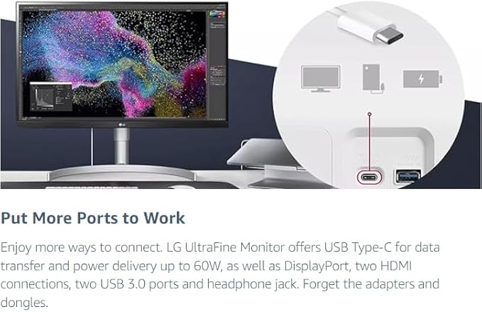 LG Ultrafine 27-Inch 4K UHD IPS Monitor with HDR10 with VESA DisplayHDR 400 AMD FreeSync andUSB Type-C 90W PD Built-in Speaker HDMI DisplayPort Tilt/Height/Pivot Adjustable Stand White