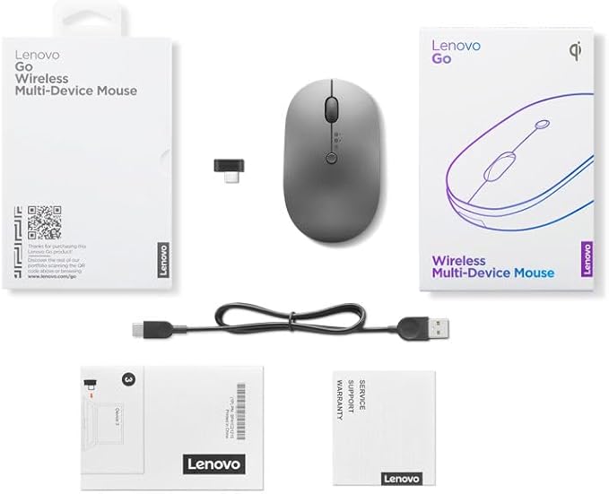 Lenovo Go Multi-Device Wireless Mouse 2.4GHz Nano USB-C Receiver Bluetooth Adjustable DPI USB-C Rechargeable Battery Qi Wireless Charging Ambidextrous GY51C21211 Grey