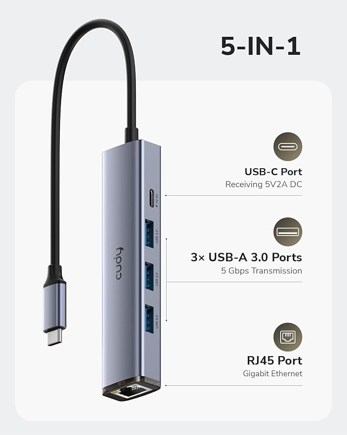 Cudy 5-in-1 USB-C Hub with Gigabit Ethernet RJ45 Port Multiport Adapter 3 USB-A 3.2 Gen 1 USB-C Port Receiving 5V2A DC for MacBook iPhone 15/16/17 and More UH605
