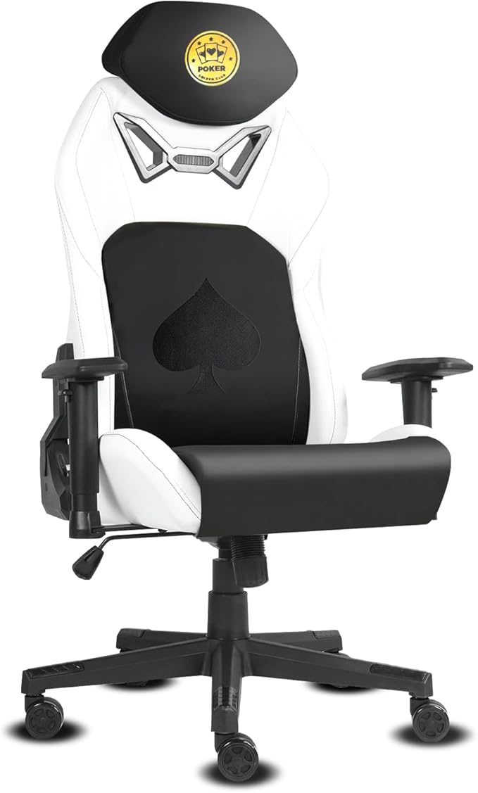 Modern-Depo Ergonomic Video Poker Gaming Chair Recliner with Texas Hold'em Sign Swivel Chair with Poker Logo Lumbar Support Headrest Height Adjustable for Study Home Office White Black Poker 4