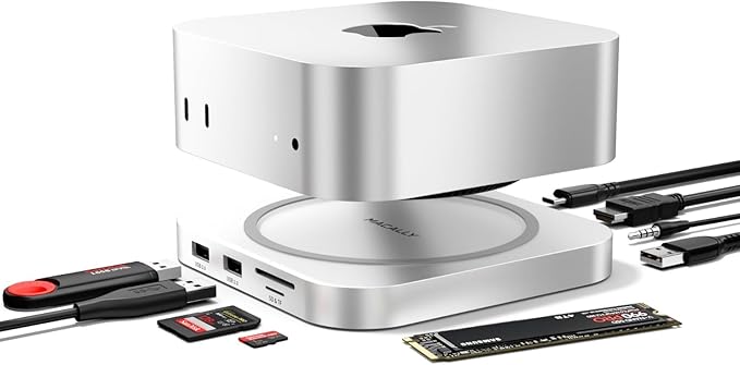 Macally Mac mini M4 Dock and Stand Mac mini M4 Hub with M.2 NVMe Enclosure 4K HDMI 60hz 3 USB A10Gbps USB C Data Port SD Card Reader 3.5mm Audio Jack
