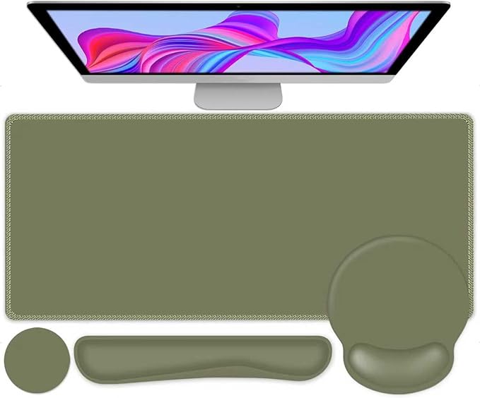 4 PCS Mouse Pad Desk Mat Protector Keyboard Wrist Rest + Comfortable Mouse Pad Wrist Rest +Coaster Large Gaming Mousepad for Computer Laptop 35.4X 15.7 Deskpad for Office Home I Olive Green