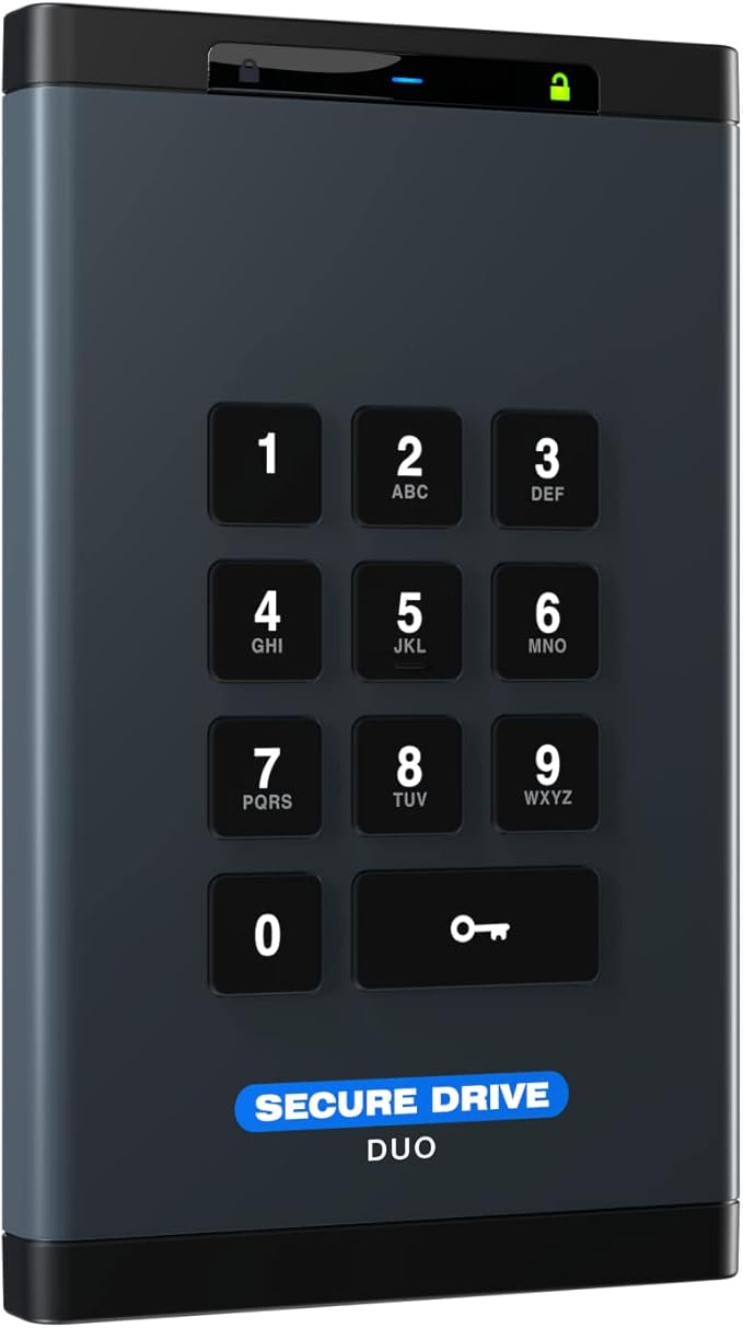 SecureData SecureDrive® DUO (2TB) - HDD - FIPS-140-2 Level 3 Compliant TAA Compliant 256-Bit Hardware Encrypted External Portable Hard Drive USB 3.0 - Unlock via Mobile App or On-Board Keypad
