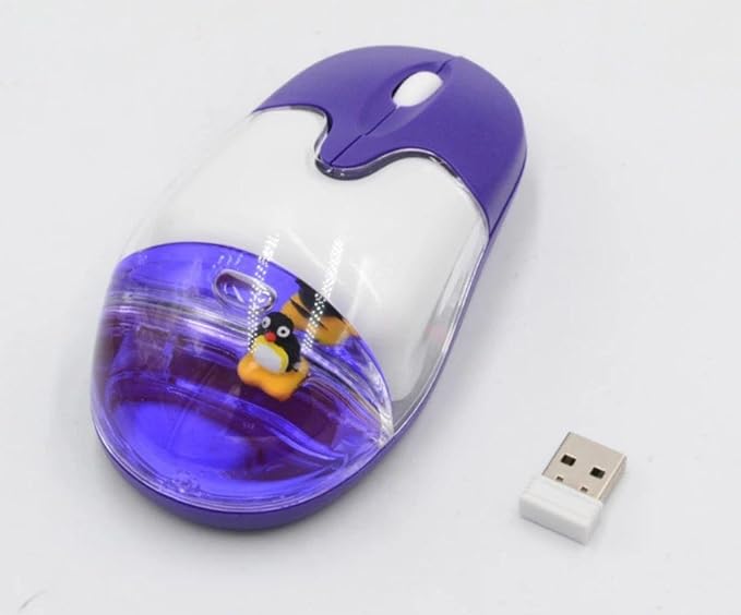 Wireless Aqua Mouse with Penguin Frutiger Aero Design 3D Purple USB Plug and Play Battery Powered
