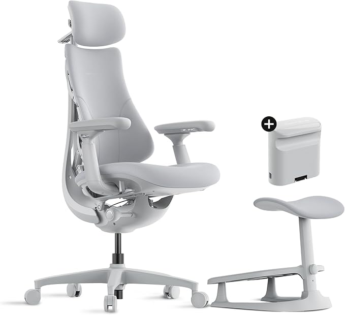 LiberNovo Dynamic Ergonomic Desk Chair + StepSync Footrest + Extra Battery Bundle - Comfy Home Office Chair with Adaptive Lumbar Support 160° Recline &amp Built-in Spine Stretch Gray+45cm
