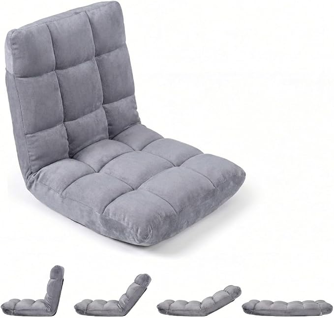 MAT EXPERT Floor Chair with Back Support Floor Gaming Chair w/ 14 Adjustable Position Soft Coral Fleece&ampAlloy Steel Frame Foldable Padded Lazy Couch Recliner for Meditating (Grey Small)