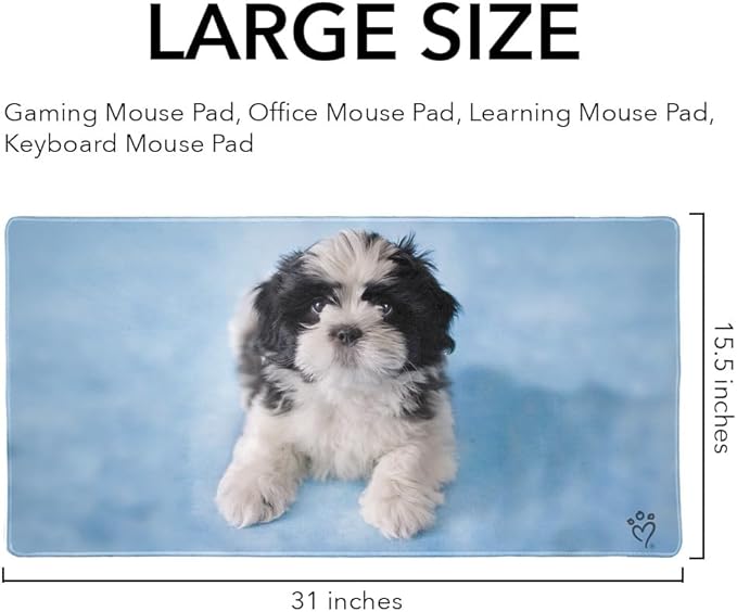 Shih Tzu Dog Black White on Blue Large Gaming Mouse Pad Desk Mat with Stitched Edges Non-Slip Base