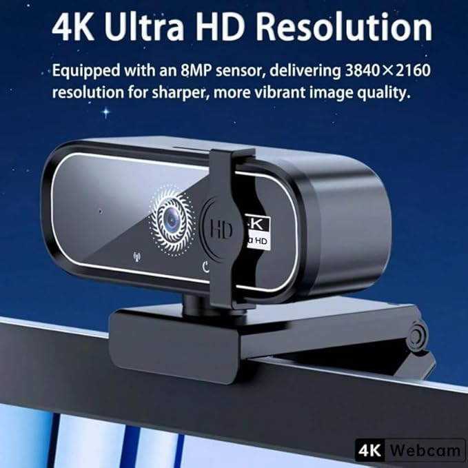 FHD 4K Webcam with AutoFocus USB Desktop Camera Black Webcam Built-in Microphone for Video Conferencing Online Meetings Universal Tripod-Ready Clip fits laptops and LCD Monitors.