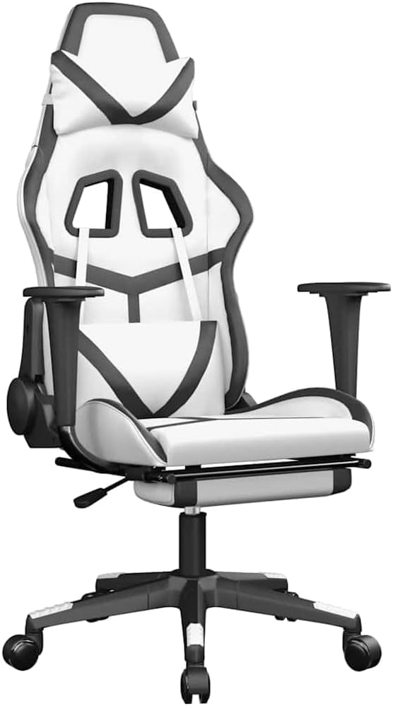 Massage Gaming Chair with Retractable Footrest White &amp Black Faux Leather Ergonomic Reclining Computer Desk Chair for Adults