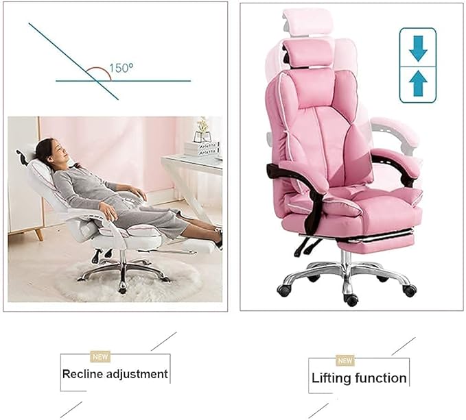 Katzowen Office Computer Chair Pink Gaming Chair for Girls Ergonomic Office Chair with Headrest Pu Leather Executive Chair Adjustable Reclining with Footrest Pink (Color : White)