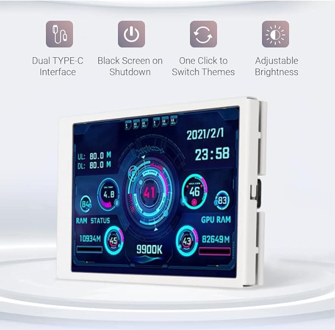 Yunseity Computer Temp Monitor AIDA64 PC CPU Hard Disk Real Time Data Monitor 3.5 Inch USB Mini Screen PC Sensor Panel Display with USB Type C Port (White)