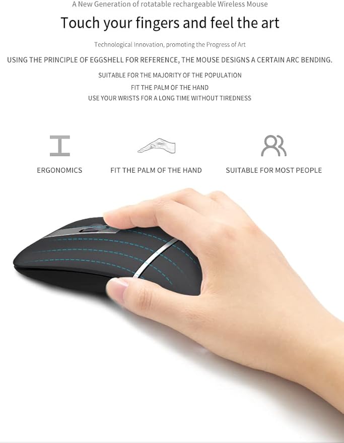 Foldable Arc Wireless Mouse with USB Receiver Bluetooth 2.4GHz Dual-Mode Rechargeable180° Rotation Silent Click Portable Curved Computer Mouse for PC Laptop MacBook (Black)