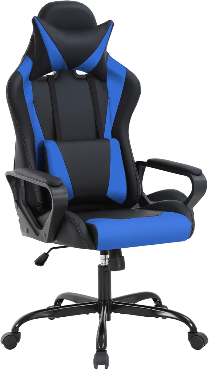 Gaming Chair Computer Racing Chair Ergonomic Office Chair Video Game Chairs for Adult Kids Teen Height Adjustable Reclining Chair with Lumbar Support Armrest Headrest Swivel Chair Game Chair Blue
