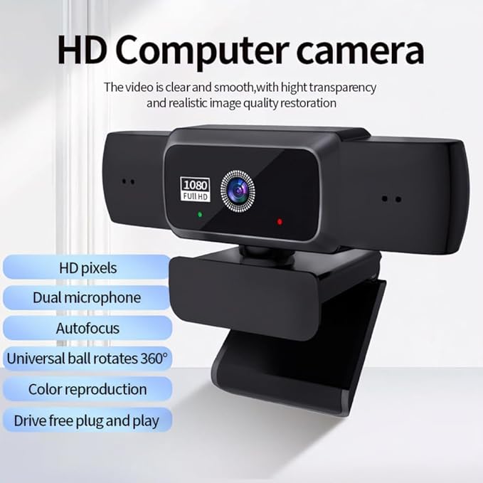 Hprosper 1080P Webcam with mic Noise Cancellation Wide-Angle Lens Auto Light Correction Plug &amp Play USB Webcam for Laptop Desktop PC Mac Zoom Skype Streaming