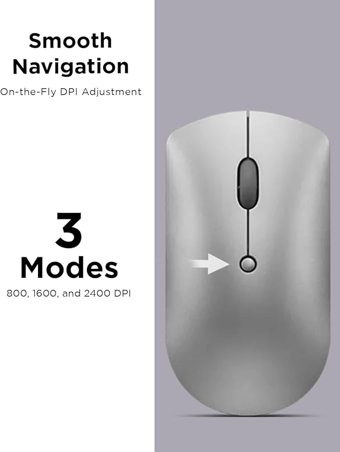 Lenovo 600 Bluetooth Silent Mouse Blue Optical Sensor Adjustable DPI 4 Button Microsoft Swift Pair Windows Chrome GY50X88832 Gray