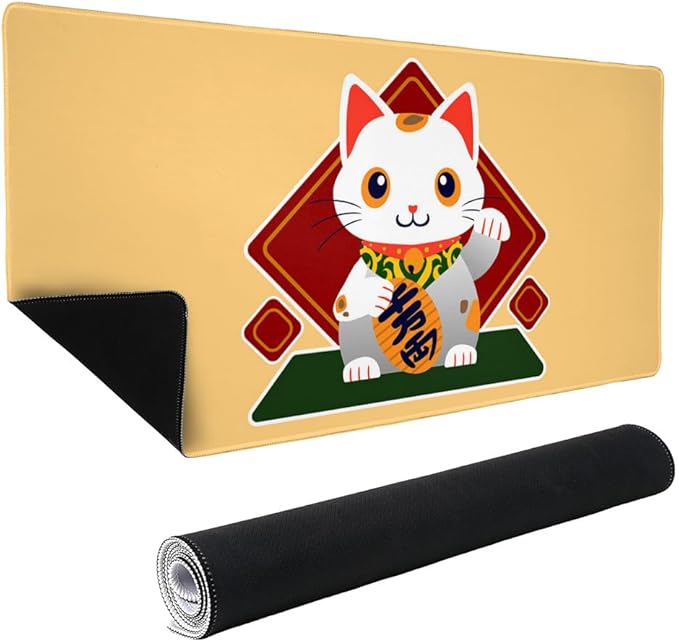 Cute Lucky Cat Maneki-Neko Large Gaming Mouse Pad Desk Mat with Stitched Edges Non-Slip Base for Gamer Home and Office
