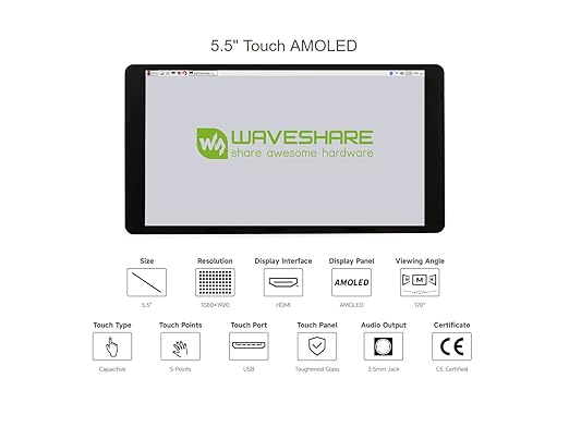 waveshare 5.5inch Capacitive Touch AMOLED Display Compatible with Raspberry Pi 4B/3B+/3A+/2B/B+/A+/Zero/Zero W/WH/Zero 2W CM3+/4 1080×1920 Resolution HDMI Supports Jetson Nano/Windows