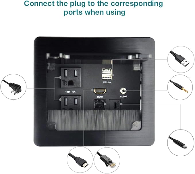 Tabletop Brush Flip Connectivity Box with 2 AC Power + 2 USB Charger + HDMI + 1 3.5mm Audio + USB-C Data + RJ45(cat6) for Conference Room (Black)
