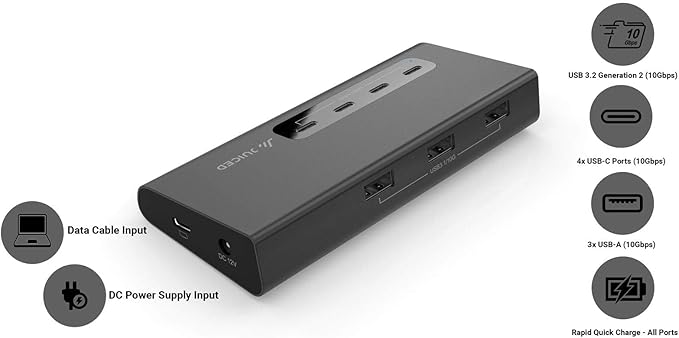 Juiced Systems VertexHUB High-Speed USB-C &amp USB-A Hub - 10 Gbps Transfer USB 3.2 Gen 2 4X USB-C Ports 3X USB-A Ports Fast Charging