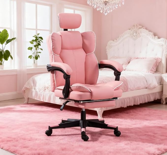 Adjustable Pink PU Leather Gaming Chair - 135° Recline Built-in Footrest 360° Swivel for Home/Office