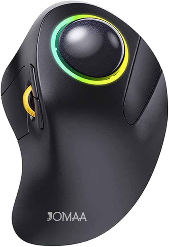 JOMAA Wireless Bluetooth Computer Trackball Mouse with RGB BacklightFinger Control 3 Device Switch Silent Rechargeable Ergonomic Drawing Office Mouse for Laptop Desktop Computer Tablet Phone