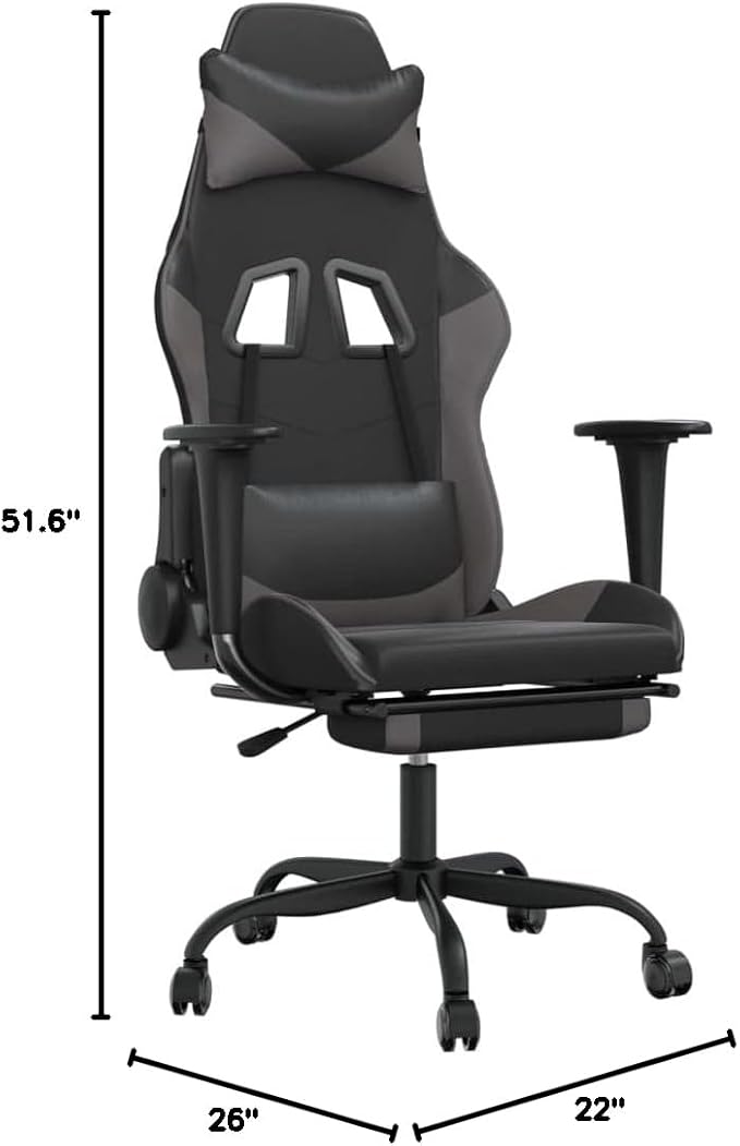 Massage Gaming Chair with Footrest Black&ampGray Faux Leather Gaming Chair with Ergonomic Design Adjustable Features - for Gamers and Office Use