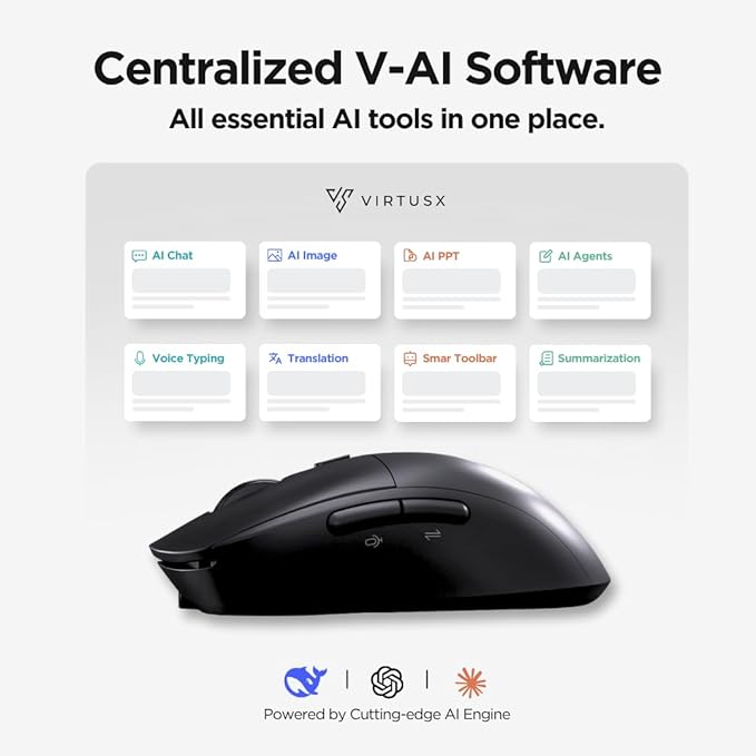 Virtusx Jethro AI Mouse - Voice &amp Audio Recorder for Lecture &amp Meeting Centralized Software with Voice Typing Writing Tools Transcribe Translate &amp Summarize Wireless Mouse for Compute