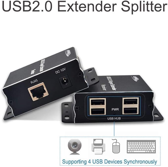 eKL USB 2.0 Extender 196ft/60m Over Cat5e Cat6 Cable 1 Input 4 Ports Output Plug and Play No Driver Needed Support All Operating Systems Two Web Cameras Work Synchronously